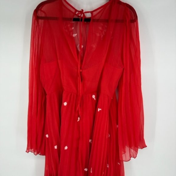 ASOS DESIGN tie back pleated sleeve mini dress in red with pink embroidery US 12 - Picture 4 of 9